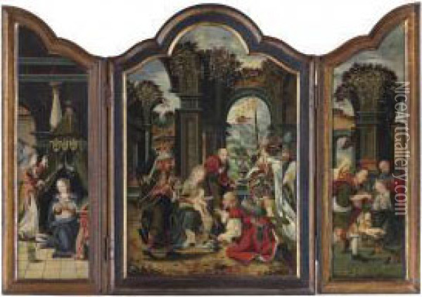 A Triptych: Central Panel: The Adoration Of The Magi Oil Painting - Jan Frans Josephus Mertens
