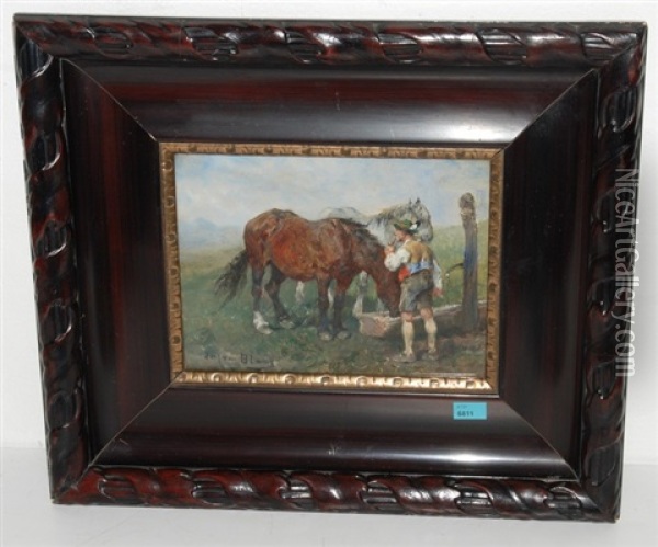 Pferde An Der Tranke Oil Painting - Julius von Blaas