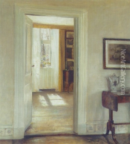 Interior Med Solskin Gennem Lette Gardiner Oil Painting - Carl Vilhelm Holsoe