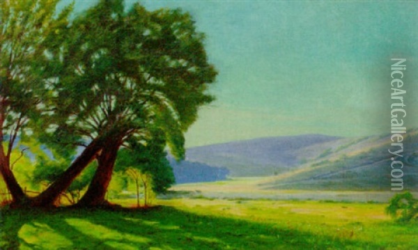 A Sunlit Summer Landscape Oil Painting - Sigvard Marius Hansen