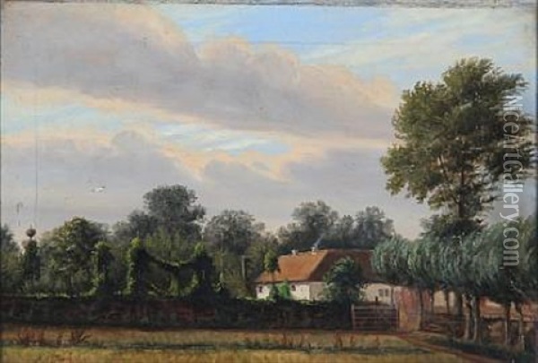 Landscape With A Farm And Growing Hops Oil Painting - N. A. Luetzen