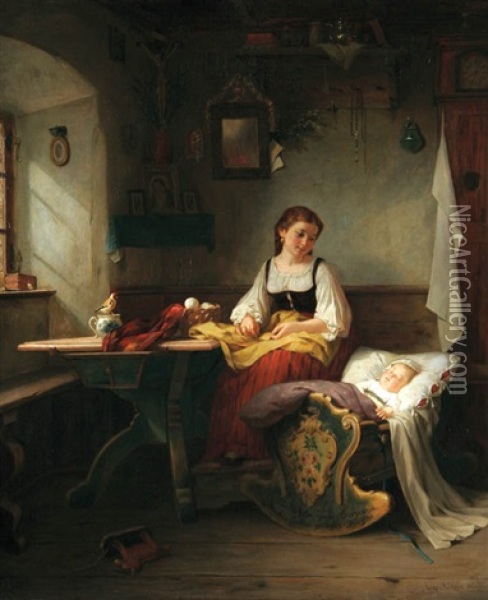 Mother's Joy Oil Painting - August Mueller