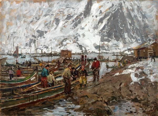 Fra Svolvaer Havn Olje Pa Plate Oil Painting - Gunnar Berg