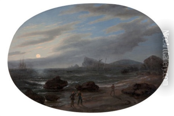 Evening Coastal Scene Oil Painting - Thomas Birch