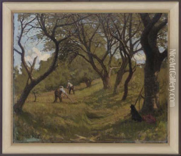 Cutting The Orchard, Snatts, Limpsfield Oil Painting - Lewis George Fry