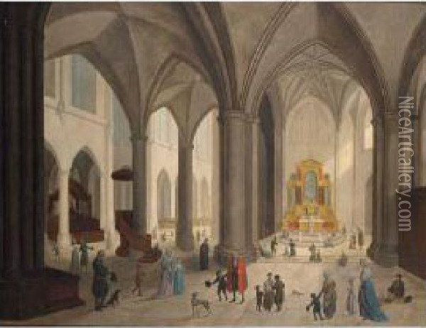 A Church Interior With Figures And Dogs, Figures Praying In The Background; A Church Interior With Figures And Dogs, An Old Man Sitting Against The Pillar To The Left Oil Painting - Johann Jakob Hoch