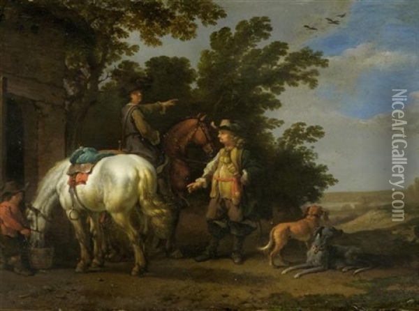 Zwei Reiter Und Hunde Bei Der Rast Oil Painting - Abraham Van Calraet