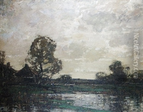 Landscape With A Figure And Cattle In A Water Meadow, A Farm Nearby Oil Painting - Kershaw Schofield