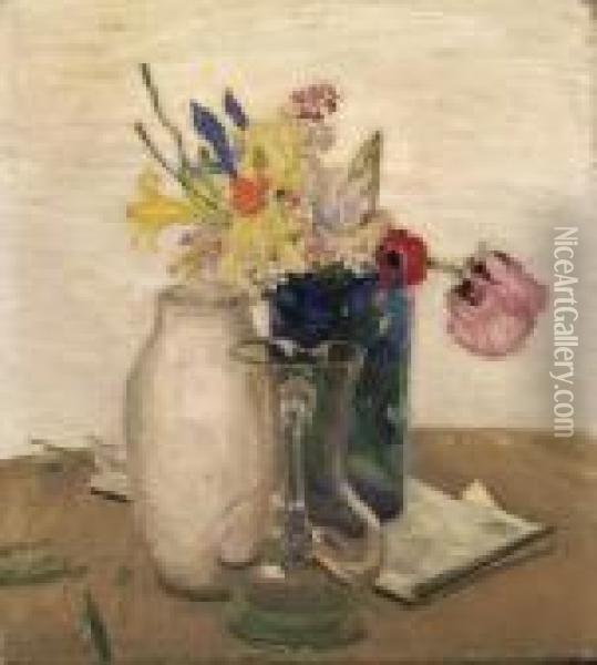 Flowers And Glass Jug Oil Painting - William Nicholson