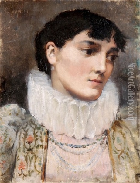 Portrait Einer Dame Mit Muhlradkragen Oil Painting - Georges Antoine Rochegrosse