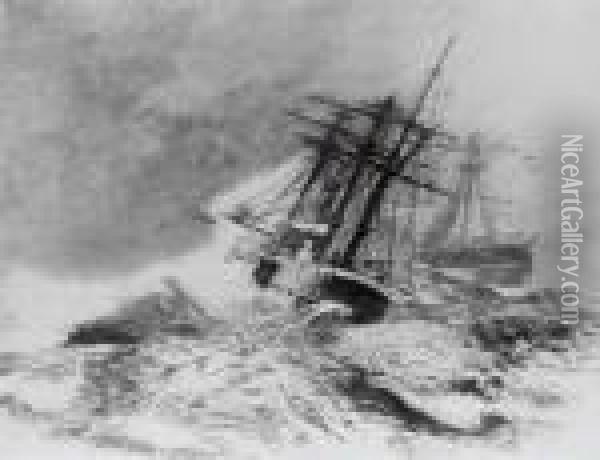 The Escape Of H.m.s. Calliope From Apia Harbour, Samoa, During The Hurricane On 16 Oil Painting - William Lionel Wyllie