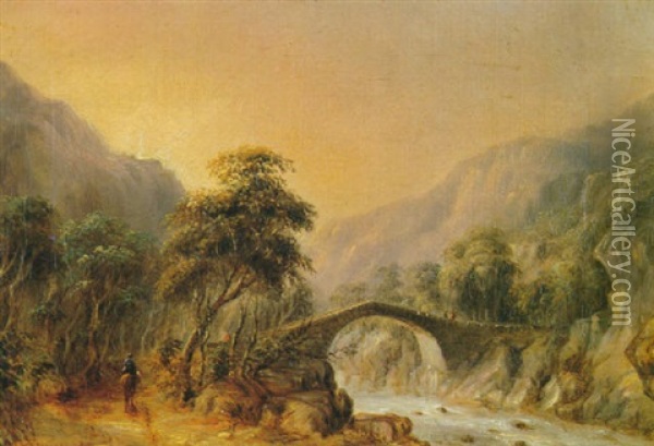 Imagined Landscape With Stone Bridge And Blue Mountains Oil Painting - George Edwards Peacock