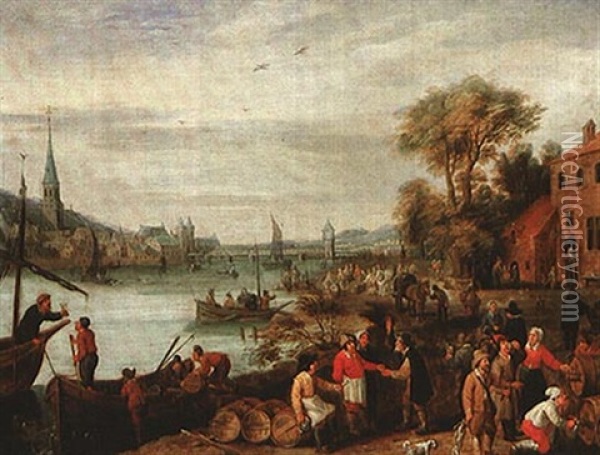Peasants Unloading Wine Beside A River Oil Painting - Mathys Schoevaerdts