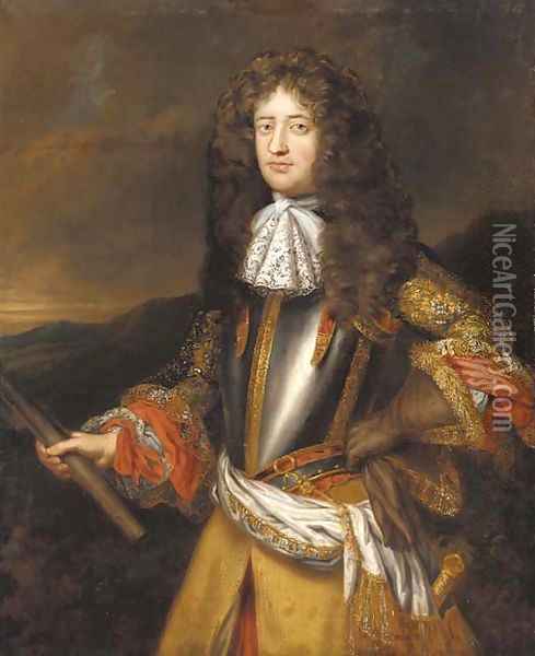 Portrait of Lord George Douglas, subsquently Earl of Dumbarton (1636 ()-1692), half-length, in a breastplate with an embroidered coat Oil Painting - Henri Gascars