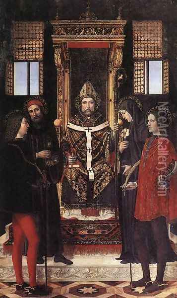 St Ambrose with Saints Oil Painting - Bernadino Bergognone