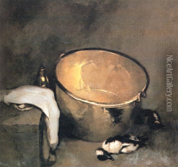 Still Life With Brass Pot Oil Painting - Emil Carlsen