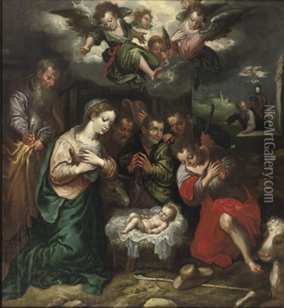 The Adoration Of The Shepherds With The Annunciation Oil Painting - Hendrik Goltzius