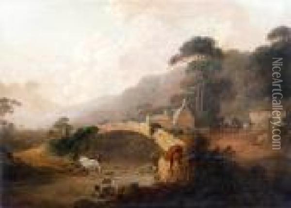 Rydal Bridge, With Cattle Watering To The Foreground Oil Painting - John Rathbone