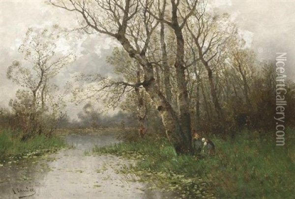 Zwei Junge Reisigsammlerinnen Im Herbstlichen Birkenwald Oil Painting - Johann Jungblut