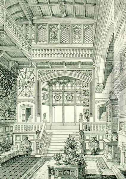 Hall and Staircase, from Examples of Ancient and Modern Furniture, 1876 Oil Painting - Bruce James Talbert