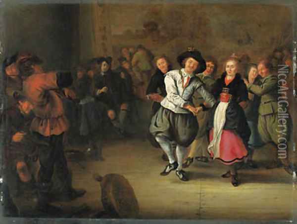 A Bridal Couple dancing in an Interior Oil Painting - Gerrit Lundens
