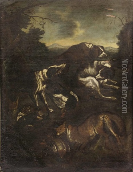 Drei Jagdhunde In Landschaft Nach Vollbrachter Jagd Oil Painting - Paul de Vos