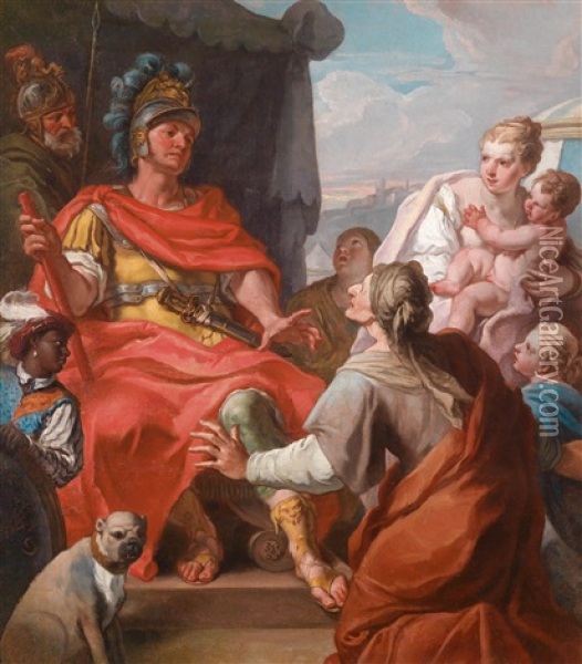 Coriolans Frau Volumnia Und Seine Mutter Veturia Flehen Ihn An, Rom Zu Verschonen Oil Painting - Girolamo Brusaferro