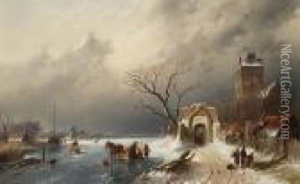 Winter Landscape With Figures Skating, A Windmill Beyond Oil Painting - Charles Henri Leickert