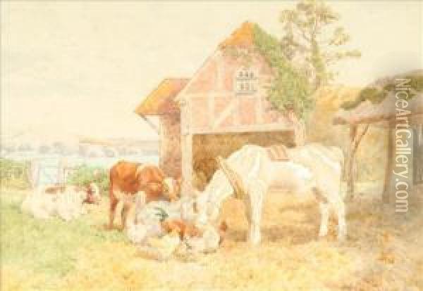 Cattle, Horse And Poultry In A Farmyard Oil Painting - Charles Collins