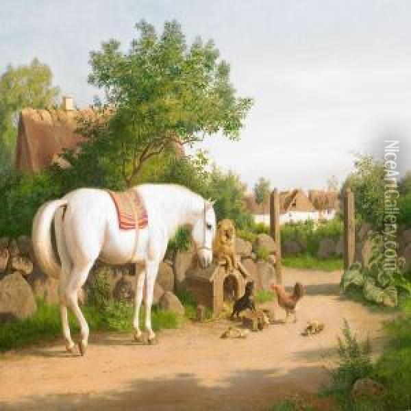 A White Horse, Two Dogs, A Hen And Ducklings Looking At Eachother Oil Painting - Carl Henrik Bogh