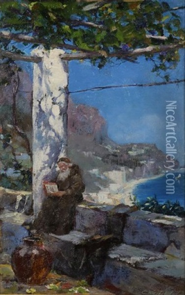 Figure Reading Amalfi Coast Oil Painting - Constantin Aleksandrovich Westchiloff