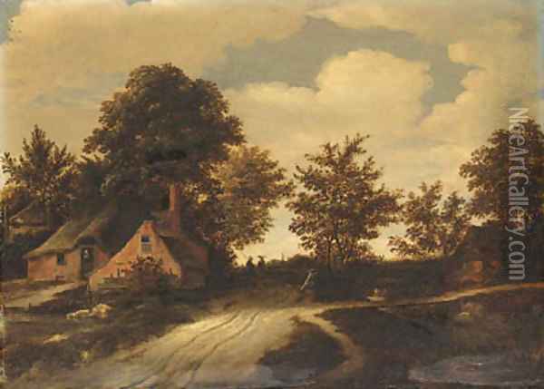 A hamlet with peasants on a path in a wooded landscape Oil Painting - Godaert Kamper