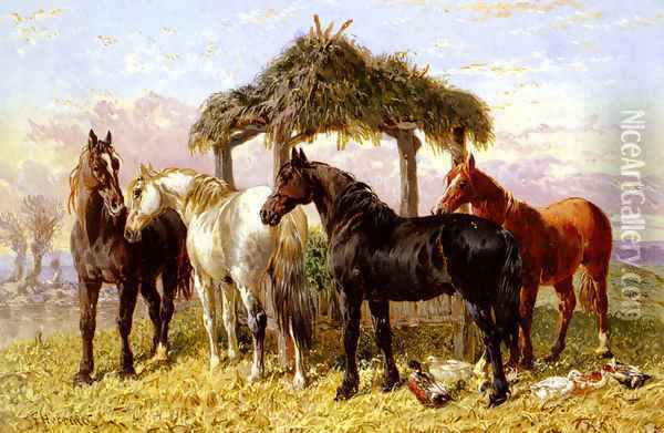 Horses and Ducks by a River Oil Painting - John Frederick Herring Snr