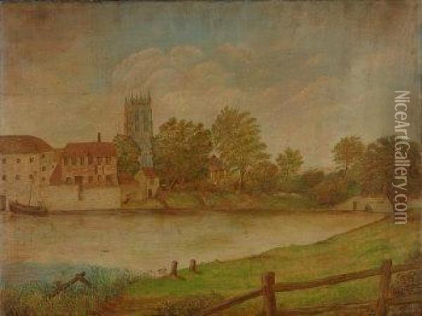 British A Naive River Landscape With Buildings And A Church On The Far Bank Oil Painting - George Henri Harrison