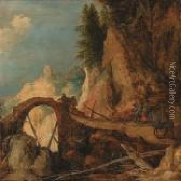 A Mountain Landscape With 
Travellers On A Path Approaching A Bridgeover A Gorge - A Fragment (?) Oil Painting - Joos De Momper