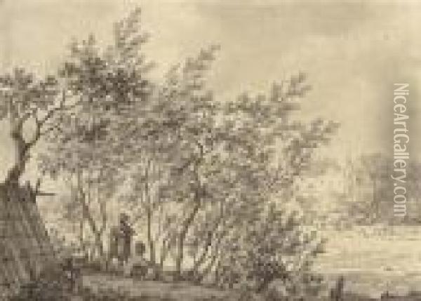 Two Figures In A Copse Watching A Bird Trap, A Castle Beyond Oil Painting - Jacob Cats