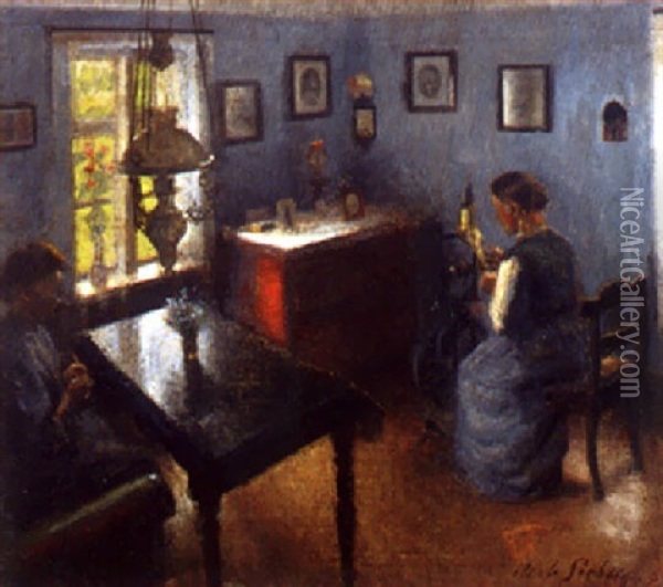 Interior Med Kvinde Der Syr Og Kvinde Der Spinder Garn Oil Painting - Axel Soeborg