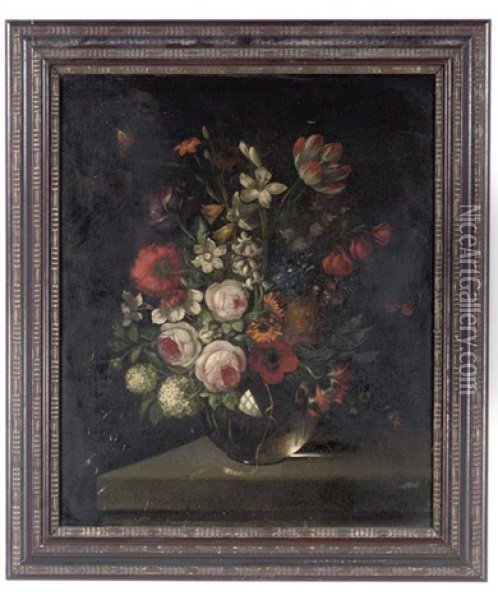 Roses, Poppies, Snowdrops, Narcissi And Other Flowers In A Glass Bowl On A Ledge Oil Painting - Pieter Hardime