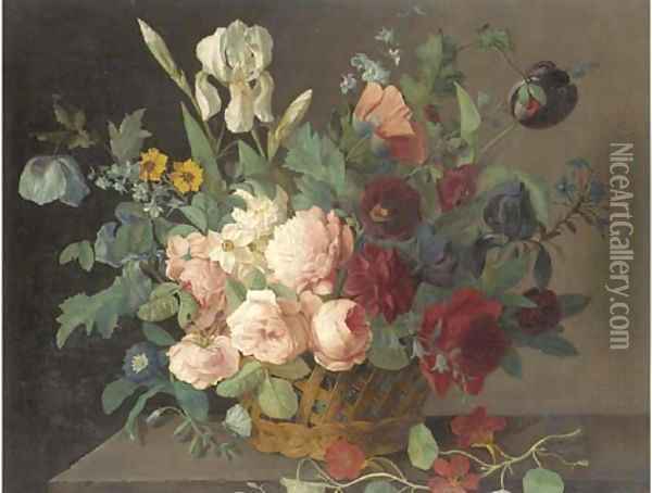 Roses, narcissi, irises, tulips and other flowers in a basket on a stone ledge Oil Painting - Arnoldus Bloemers