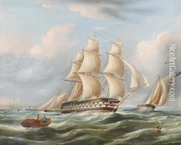 Frigate In Full Sail And Other Vessels On A Choppy Sea Oil Painting - Richard Barnett Spencer