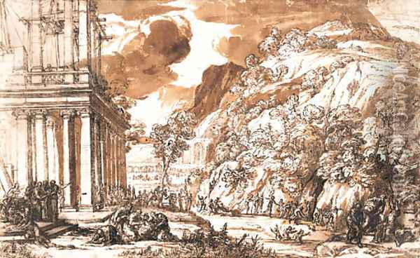 The construction of a classical temple, with groups of astrologers and architects, and a boar hunt in the foreground Oil Painting - Pietro Da Cortona (Barrettini)