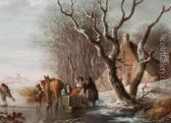 Landschaft Mit Vereistem Fluss Und Pferdeschlitten Oil Painting - Andries Vermeulen