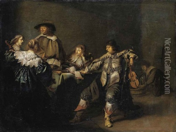 An Elegant Company Making Music In An Interior Oil Painting - Pieter Jacobs Codde