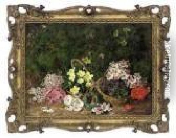 Primroses, Violets And A Bird's Nest On A Mossy Bank Oil Painting - George Clare