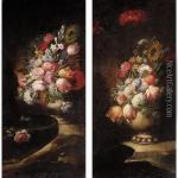 Still Lifes Of Various Flowers In Vases Resting On Flat Stones Oil Painting - Gaspare Diziani