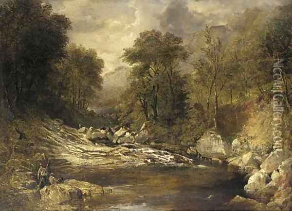 Anglers in a mountainous river landscape Oil Painting - John Brandon Smith
