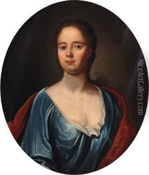 Portrait Of A Gentleman, 
Half-length, In A Brown Jacket And White Stock; And Portrait Of A Lady, 
Half-length, In A Blue Dress And Red Wrap Oil Painting - George Knapton