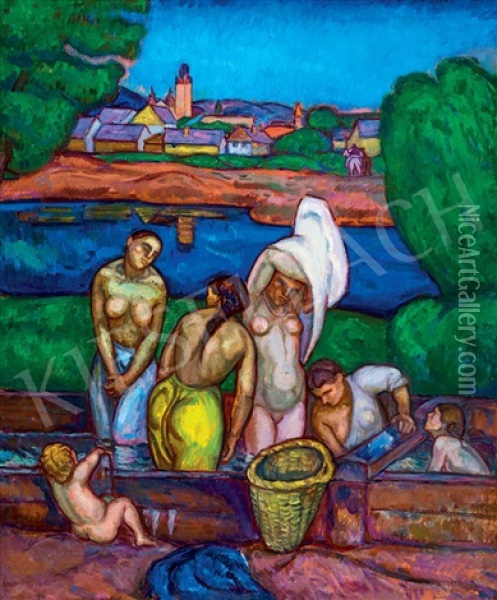 Women Bathing (nagybanya) Oil Painting - Bela Ivanyi Gruenwald