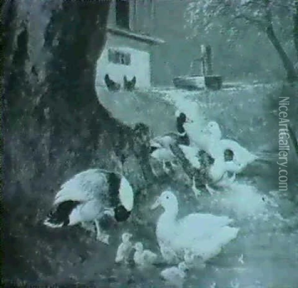 Enten Und Kuken Am Wasser Unter Einem Baum Nahe Dem         Bauernhaus Oil Painting - Otto Scheuerer