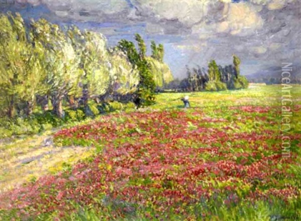 A Summer Landscape With A Woman Walking Through A Field Of Flowers Oil Painting - Wenzel Radimsky